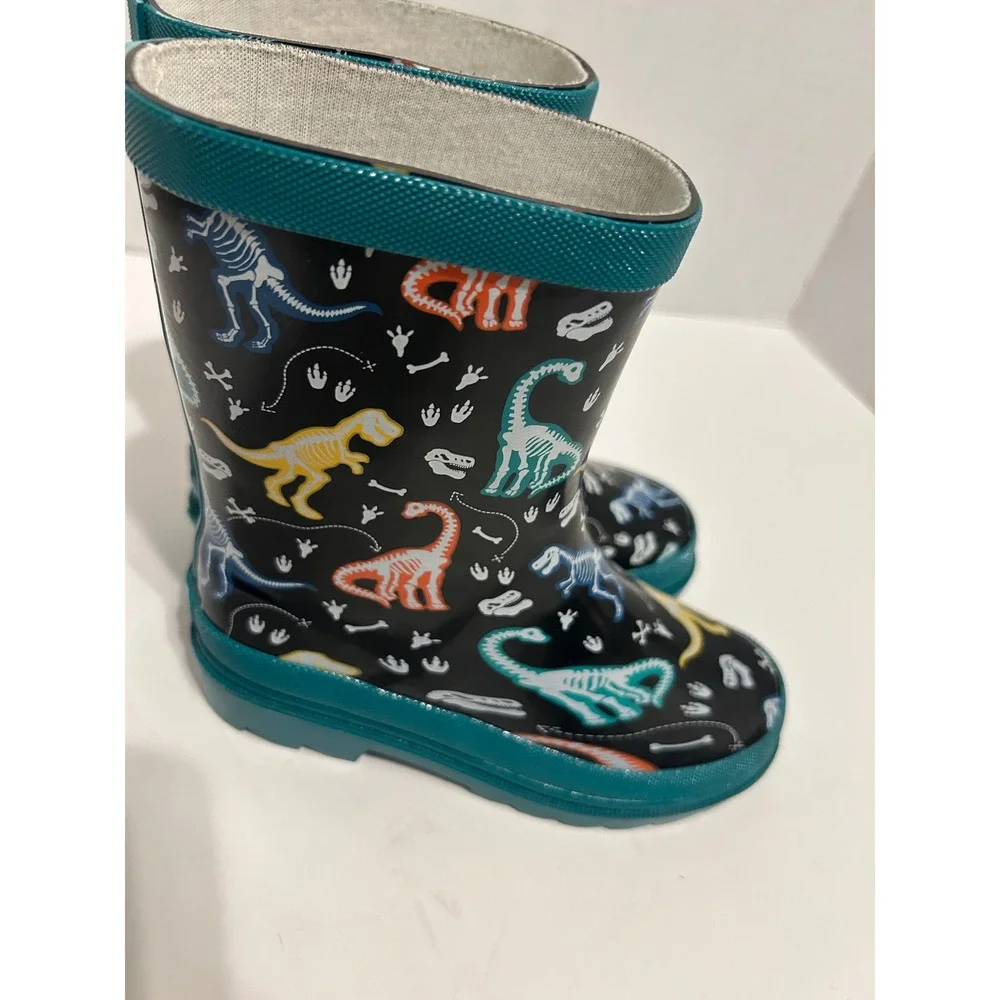 Lily & Dan Kids Dinosaur Skeleton Rain Boots Teal Black Rubber Size 9/10